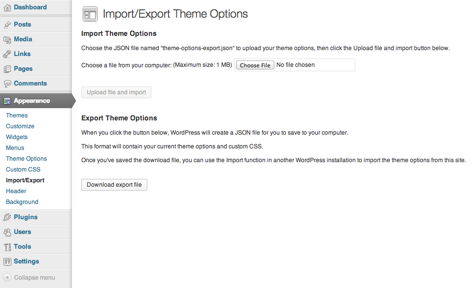 The Import/Export Admin Page